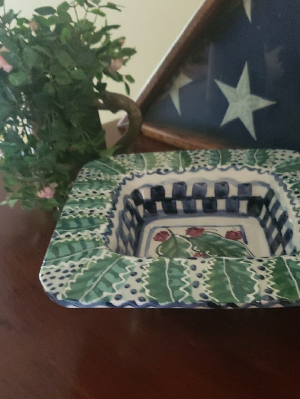 Hand-Painted Footed Ceramic Square Decor/ Serving Dish With Leaf & Berry Design